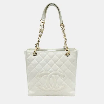 Pre-owned Chanel White Caviar Skin Petite Gst Chain Tote Bag