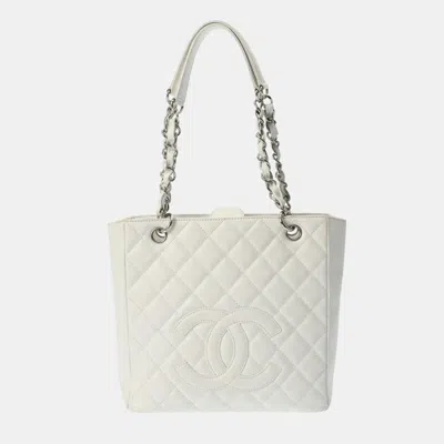 Pre-owned Chanel Pst Petite Tote White Caviar Skin Bag