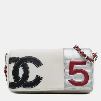 Pre-owned Chanel White Cc Canvas And Metallic Lambskin No. 5 Chain Flap