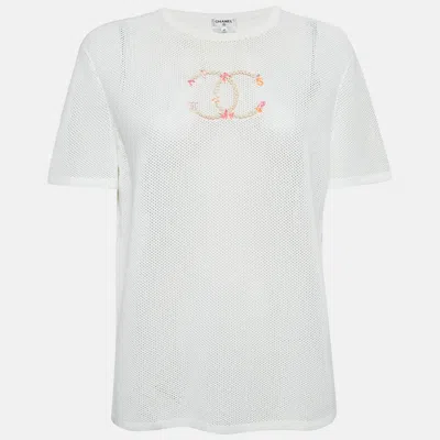 Pre-owned Chanel White Cc Embroidered Mesh Sheer T-shirt L