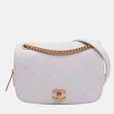 Pre-owned Chanel White Cc Quilted Caviar Turnlock Full Flap