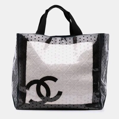 Pre-owned Chanel White Cc Quilted Cotton And Pvc Punching Tote