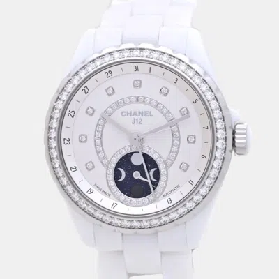 Pre-owned Chanel White Ceramic Stainless Steel And Diamond J12 H3405 Men's Wristwatch 40mm