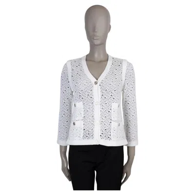 Pre-owned Chanel White Cotton 11s Open Crochet Knit Cardigan Sweater 40 M