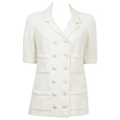 Pre-owned Chanel White Cotton 2014 14c Singapore Short Sleeve Double Breasted Jacket 40 M