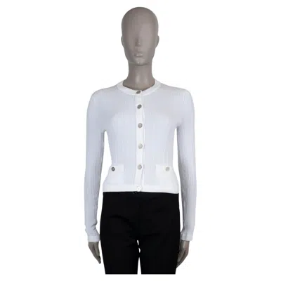 Pre-owned Chanel White Cotton 21p Floral Jacquard Sleeve Cardigan Sweater 38 S
