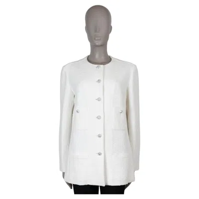 Pre-owned Chanel White Cotton 23s Collarless Tweed Jacket 44 Xl