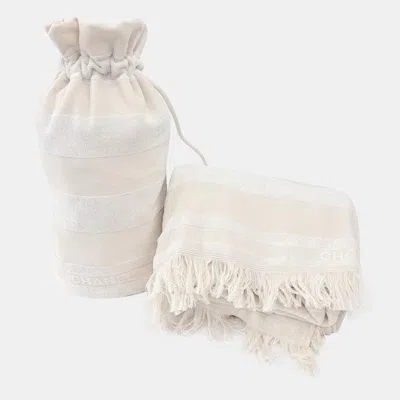 Pre-owned Chanel White Cotton Beach Towel & Drawstring Backpack Set