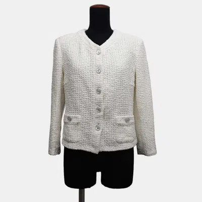 Pre-owned Chanel White Cotton/nylon/rayon No-collar Tweed Jacket Women Size 38