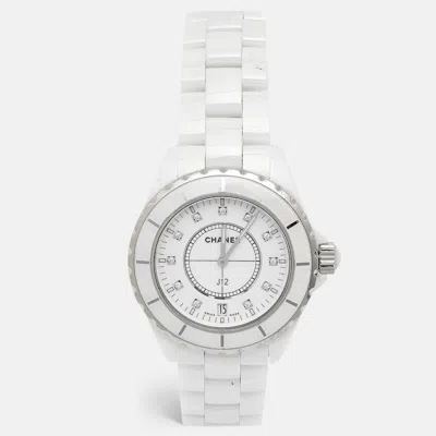 Pre-owned Chanel White Diamond Ceramic Stainless Steel J12 H2125 Women's Wristwatch 38 Mm