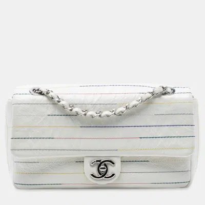 Pre-owned Chanel White Distressed Calfskin Straight Line Stitch Flap