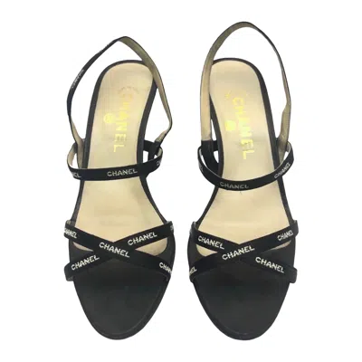 Pre-owned Chanel White Embroidered  Print On Black Silk Straps Sandals Heels