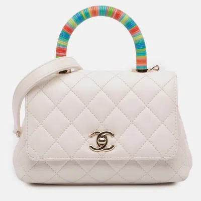 Pre-owned Chanel White Extra Mini Quilted Goatskin Rainbow Top Handle Flap In Multi