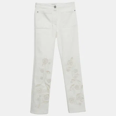 Pre-owned Chanel White Floral Embroidery Cotton Drill Pants S