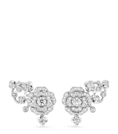 Pre-owned Chanel White Gold And Diamond Bouton De Camélia Crawling Earrings