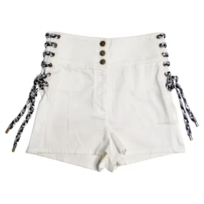 Pre-owned Chanel White High-waisted Cotton Stretch Denim Shorts With Lace Up Braid Detail
