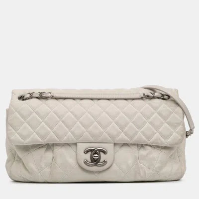 Pre-owned Chanel White Iridescent Calfskin Chic Quilt Large Flap Bag