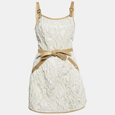 Pre-owned Chanel White Jacquard Golden Suede Trim Mini Wrap Dress M