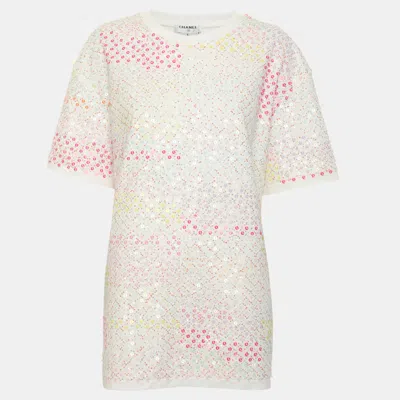 Pre-owned Chanel White Jersey Sequin Emroidered T-shirt S