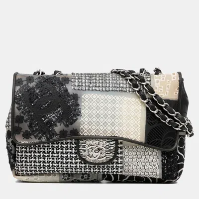 Pre-owned Chanel White Jumbo Pvc And Tweed Patchwork Single Flap