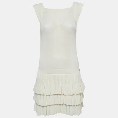 Pre-owned Chanel White Knit Tiered Mini Dress S