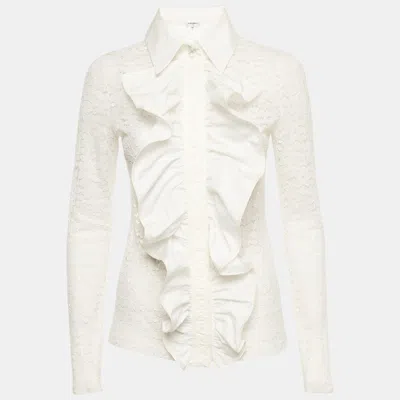 Pre-owned Chanel White Lace Ruffled Button Down Blouse M