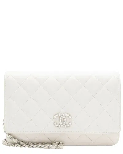 Pre-owned Chanel White Lambskin Crystal Cc Wallet On Chain (authentic Pre-loved)