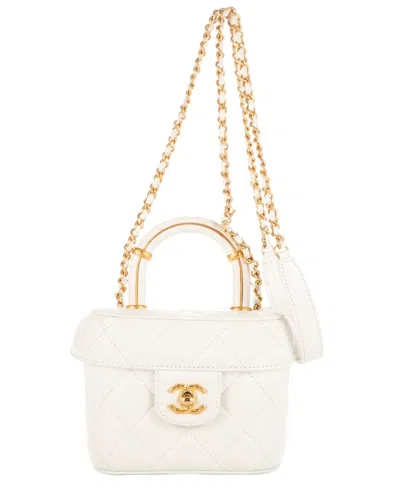 Pre-owned Chanel White Lambskin Quilted Leather Vanity Top Handle Cosmetic Case Mini