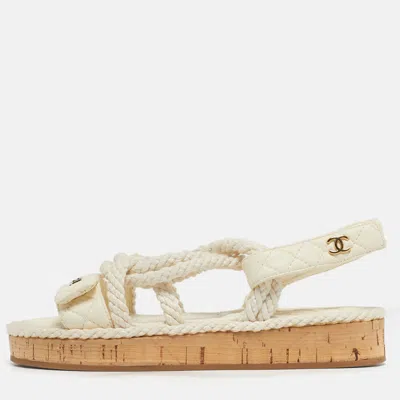 Pre-owned Chanel White Leather And Rope Dad Slingback Sandals Size 36