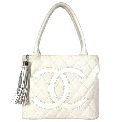 Pre-owned Chanel White Leather Canvas Shoulder Bag Tote Bag ()