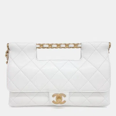 Pre-owned Chanel White Leather Top-handle Flap Bag