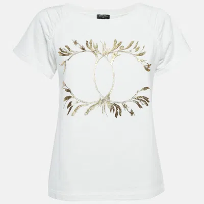Pre-owned Chanel White Logo Foil Print Knit Round Neck T-shirt Xs