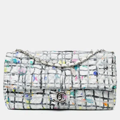 Pre-owned Chanel White Medium Calfskin Hand Painted Graffiti Flap Bag