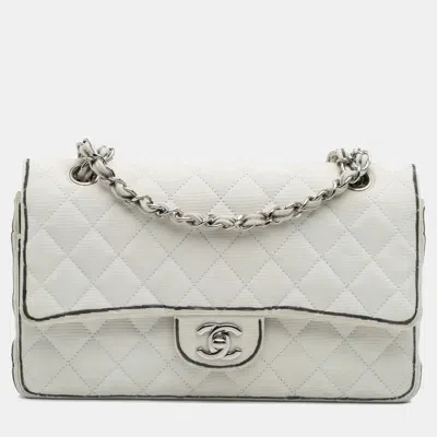 Pre-owned Chanel White Medium Classic Printed Grosgrain Double Flap