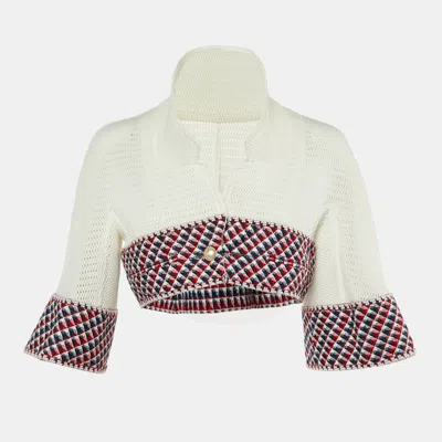 Pre-owned Chanel White Mesh & Tweed Cropped Jacket M
