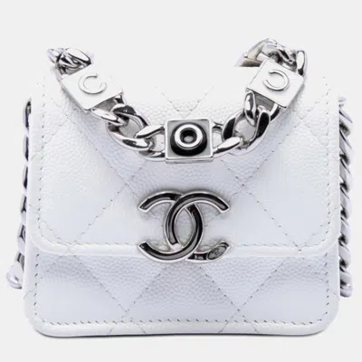 Pre-owned Chanel White Mini Quilted Caviar Coco Enamel Strap Flap Clutch With Chain