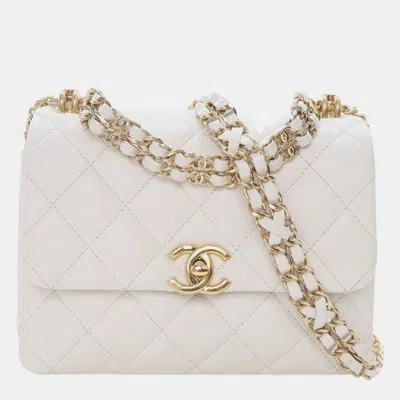 Pre-owned Chanel White Mini Quilted Caviar Coco First Flap