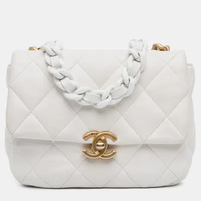 Pre-owned Chanel White Mini Quilted Lambskin Lacquered Chain Flap