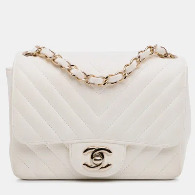 Pre-owned Chanel White Mini Square Classic Chevron Lambskin Single Flap