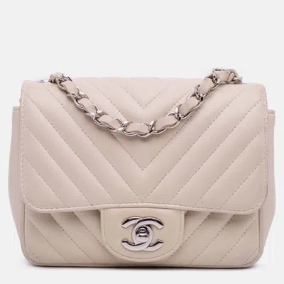 Pre-owned Chanel White Mini Square Classic Chevron Lambskin Single Flap