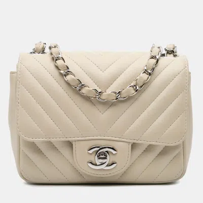 Pre-owned Chanel White Mini Square Classic Chevron Lambskin Single Flap Bag