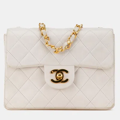 Pre-owned Chanel White Mini Square Classic Lambskin Single Flap