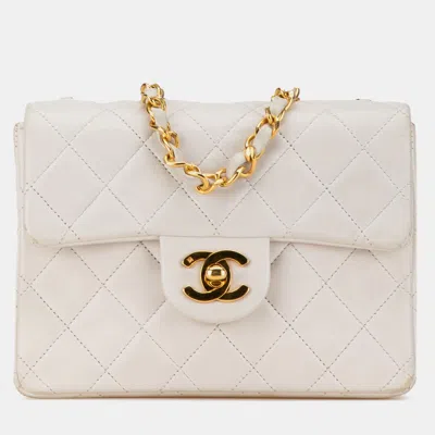 Pre-owned Chanel White Mini Square Classic Lambskin Single Flap