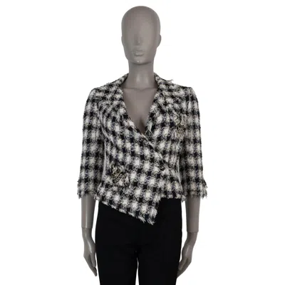 Pre-owned Chanel White Navy Beige Cotton 07p Fringed Plaid Tweed Jacket 36 Xs
