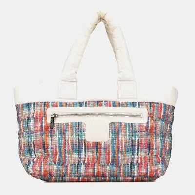 Pre-owned Chanel White Nylon Tweed Printed Coco Cocoon Tote