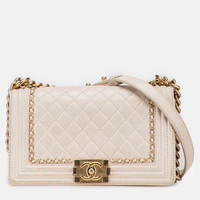 Pre-owned Chanel White Old Medium Quilted Aged Calfskin Jacket Boy Flap