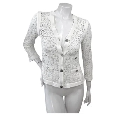 Pre-owned Chanel White Openwork Knit Cc Button Cardigan Jacket Fr 36