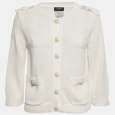 Pre-owned Chanel White Patterned Knit Button Front Cardigan S