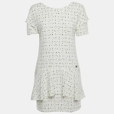 Pre-owned Chanel White Patterned Tweed Flared Mini Dress M