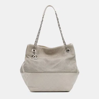 Pre-owned Chanel White Perforated Calfskin Up In The Air North South Tote